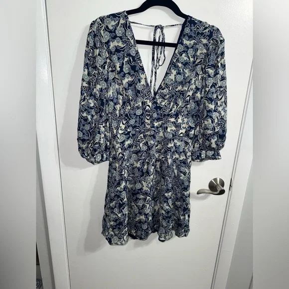 REISS Daisy Puff Sleeve Print Mini Dress in Blue Print Size 6 - Picture 6 of 10